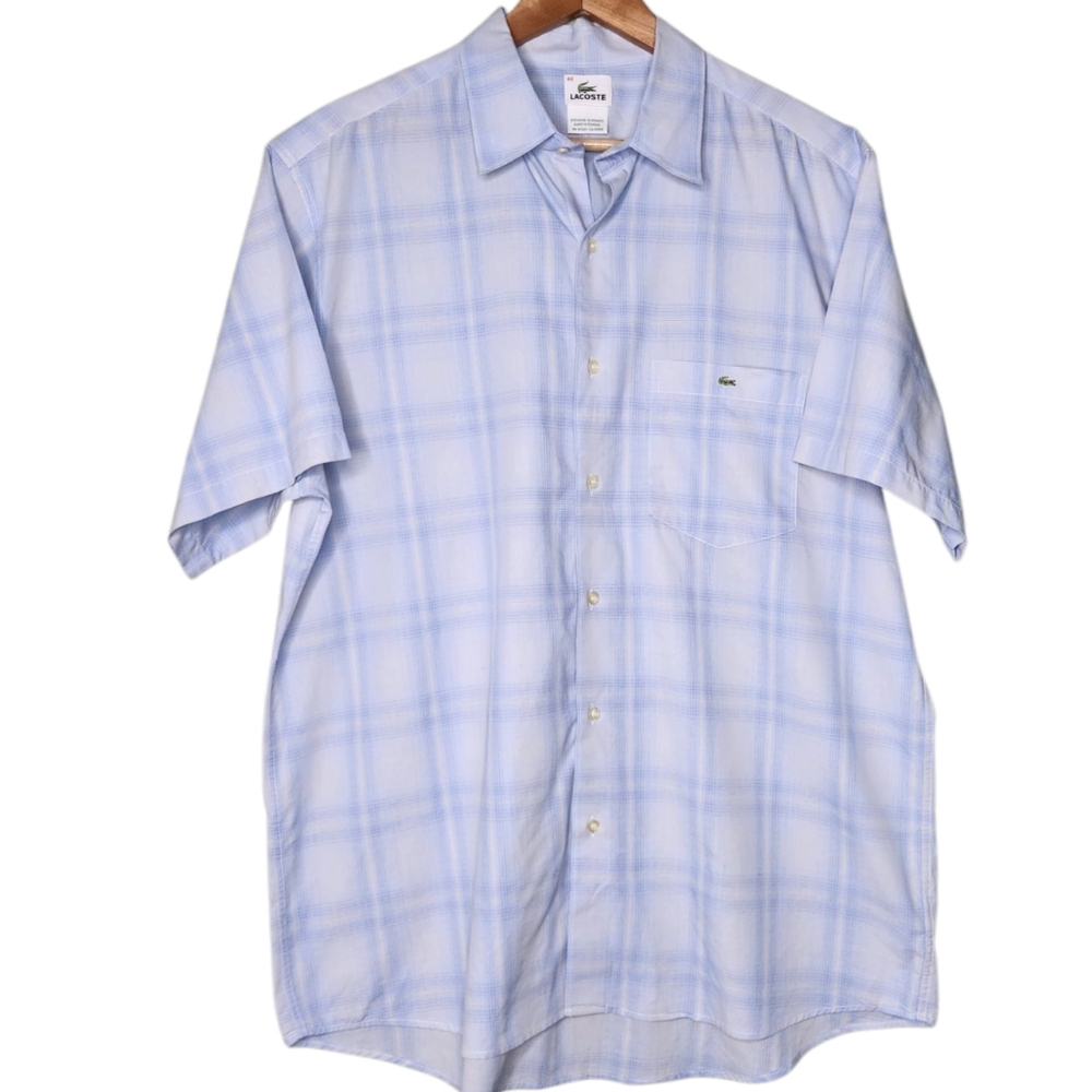 Lacoste Men's Short Sleeve Button-Up Shirt 100% Cotton Plaid Made in Tunisia 44